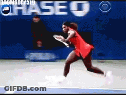 A Woman In A Red Dress Is Running On A Tennis Court In Front Of A Chase Sign GIF