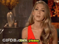 A Woman In A Red Dress Is Saying Bitch Please . GIF