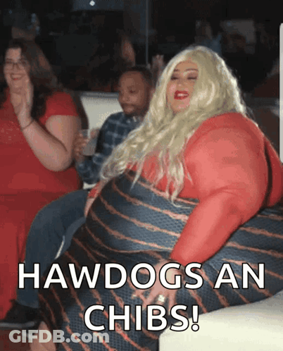 A Woman In A Red Dress Is Sitting On A Couch And Says Hawdogs An Chibs GIF