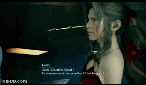 A Woman In A Red Dress Is Smoking A Cigarette And Says Aerith Oooh Dis Donc Cloud GIF