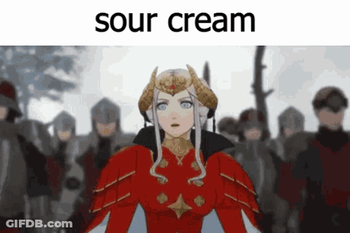 A Woman In A Red Dress Is Standing In Front Of A Group Of Soldiers With The Words Sour Cream Written Above Her GIF