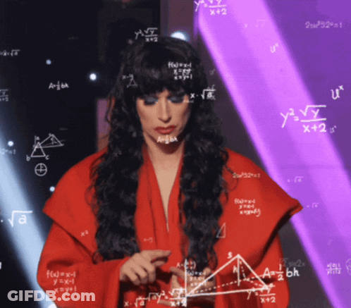 A Woman In A Red Dress Is Standing In Front Of A Purple Wall With Math Equations On It GIF