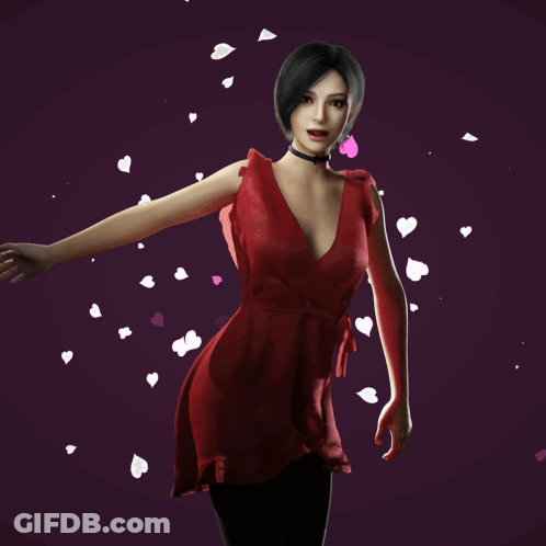 Woman In Red Dress Standing In Front Of Hearts GIF