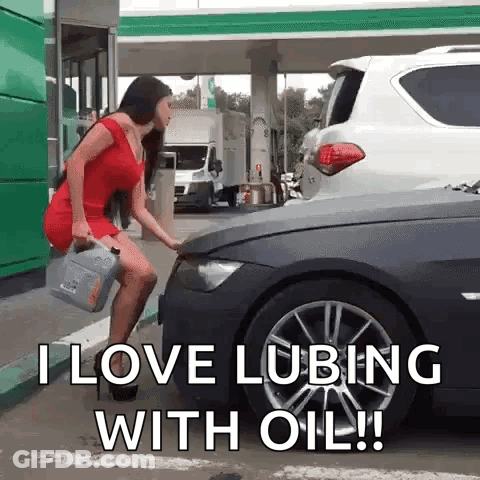 A Woman In A Red Dress Is Standing Next To A Car With A Can Of Oil In Her Hand . GIF