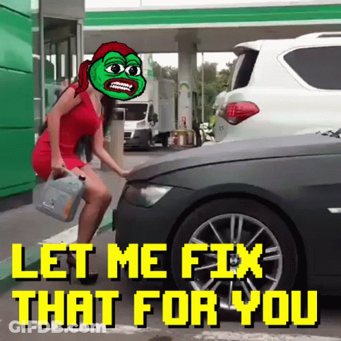 A Woman In A Red Dress Is Standing Next To A Car With The Words " Let Me Fix That For You " On The Bottom GIF