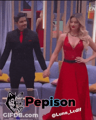 A Woman In A Red Dress Is Standing Next To A Man In A Black Suit With The Name Pepison On The Bottom GIF