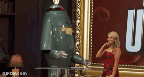 A Woman In A Red Dress Is Standing Next To A Robot That Says Zinger God GIF