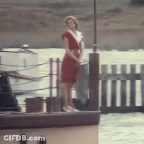 A Woman In A Red Dress Is Standing On The Side Of A Boat In The Water . GIF