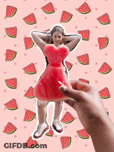 A Woman In A Red Dress Is Surrounded By Watermelons GIF