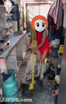 A Woman In A Red Dress Is Sweeping The Floor GIF