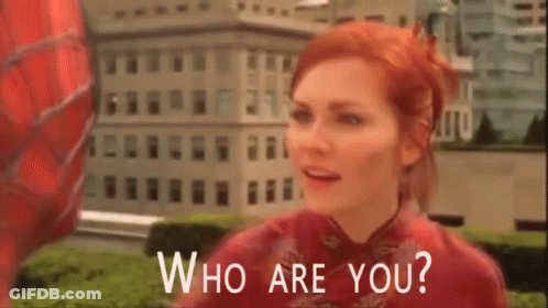 A Woman In A Red Dress Is Talking To A Spider Man And The Words Who Are You Are Behind Her GIF
