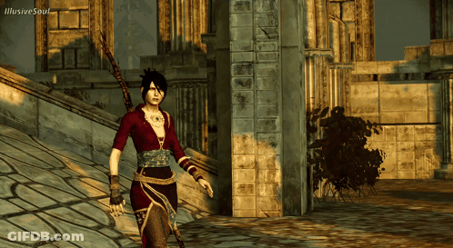 A Woman In A Red Dress Is Walking In A Video Game With Illusive Soul Written On The Bottom Right GIF