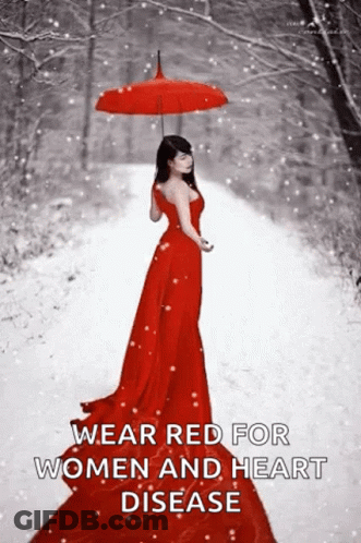 A Woman In A Red Dress Is Walking In The Snow With An Umbrella . GIF