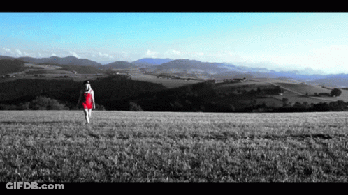A Woman In A Red Dress Is Walking Through A Field GIF