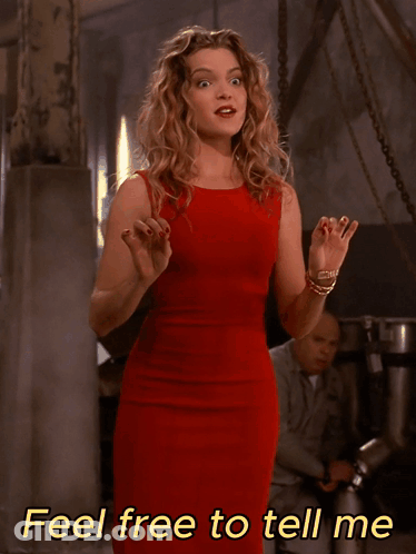 A Woman In A Red Dress Says " A Little Too Personal " In Yellow Letters GIF