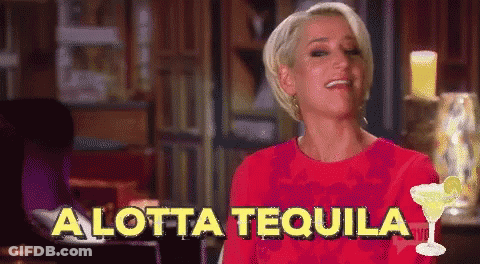 A Woman In A Red Dress Says " A Lotta Tequila " Next To A Martini Glass GIF