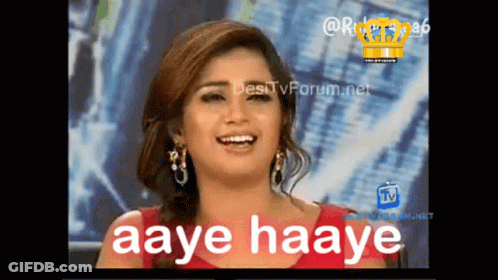 A Woman In A Red Dress Says Aaye Haaye In White Letters GIF