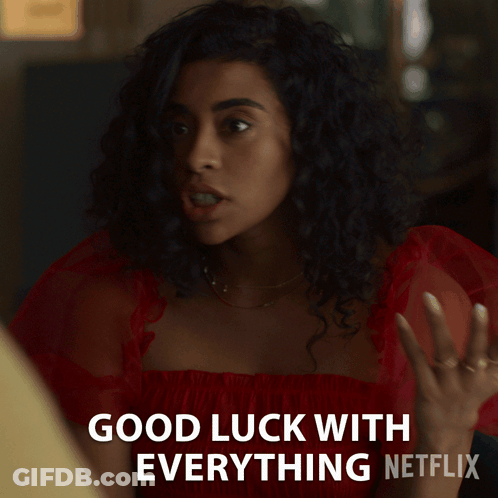 A Woman In A Red Dress Says " Good Luck With Everything " GIF