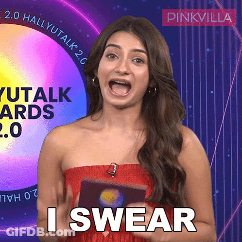 A Woman In A Red Dress Says I Swear In Front Of A Pinkvilla Logo GIF