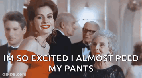 A Woman In A Red Dress Says " Im So Excited I Almost Peed My Pants " . GIF