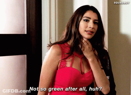 A Woman In A Red Dress Says " Not So Green After All Huh ? " GIF