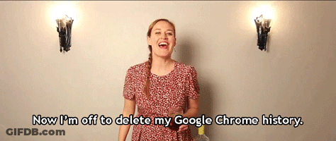A Woman In A Red Dress Says " Now I 'M Off To Delete My Google Chrome History .. " GIF