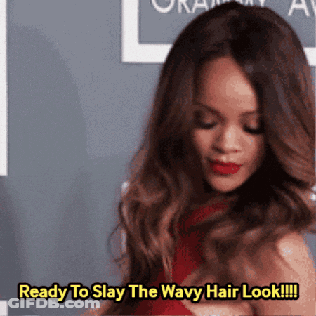 A Woman In A Red Dress Says " Ready To Slay The Wavy Hair Look !!! " GIF