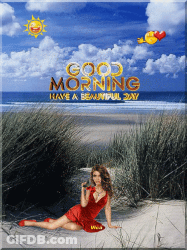 A Woman In A Red Dress Sits On A Sandy Beach With The Words Good Morning Have A Beautiful Day GIF