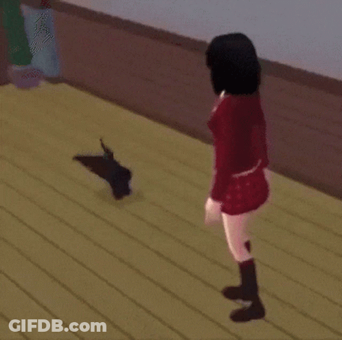A Woman In A Red Dress Stands Next To A Black And White Cat GIF