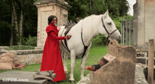 A Woman In A Red Dress Stands Next To A White Horse GIF