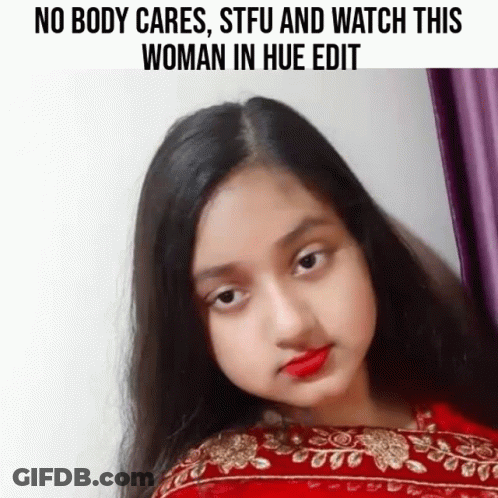 A Woman In A Red Dress With A Caption That Says No Body Cares Stfu And Watch This Woman In Hue Edit GIF