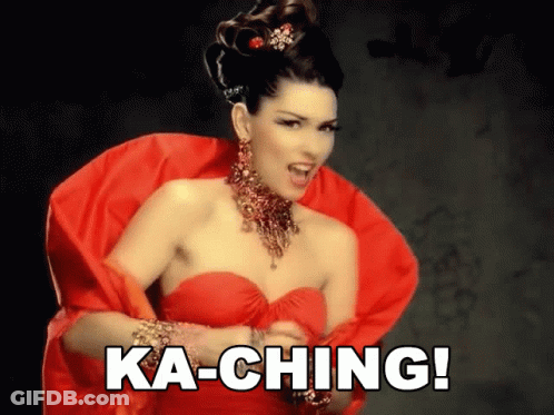 A Woman In A Red Dress With Ka-Ching Written In White GIF