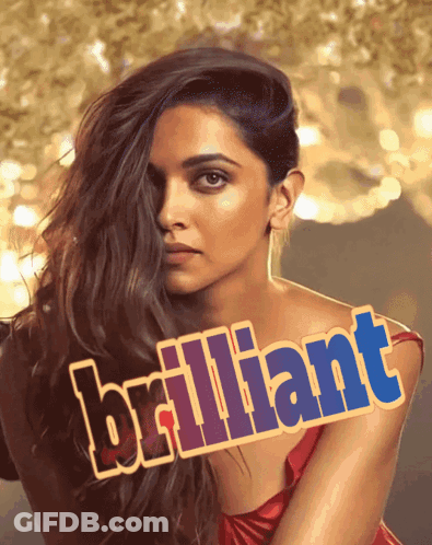 A Woman In A Red Dress With The Word Brilliant On The Bottom GIF