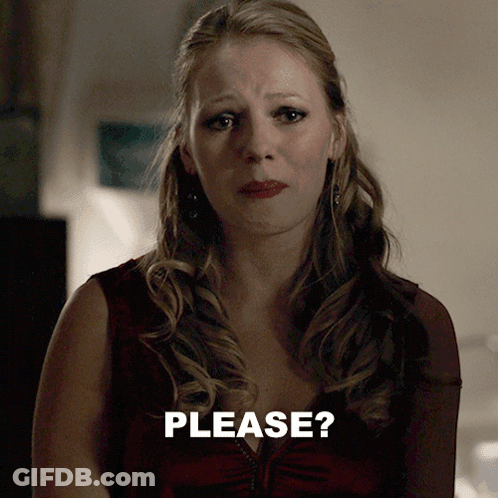 A Woman In A Red Dress With The Word Please Behind Her GIF