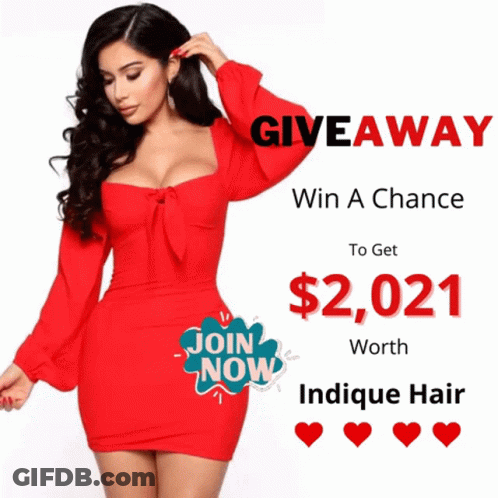 A Woman In A Red Dress With The Words Giveaway Win A Chance To Get $ 2,021 Worth Indicque Hair GIF
