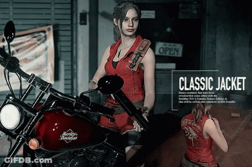 A Woman In A Red Harley Davidson Jacket Stands Next To A Red Motorcycle GIF