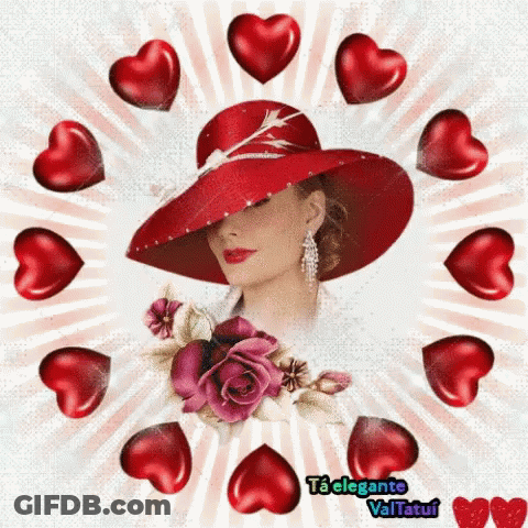 A Woman In A Red Hat Is Surrounded By Red Hearts And Roses GIF