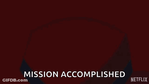 A Woman In A Red Hat With The Words Mission Accomplished On The Bottom GIF