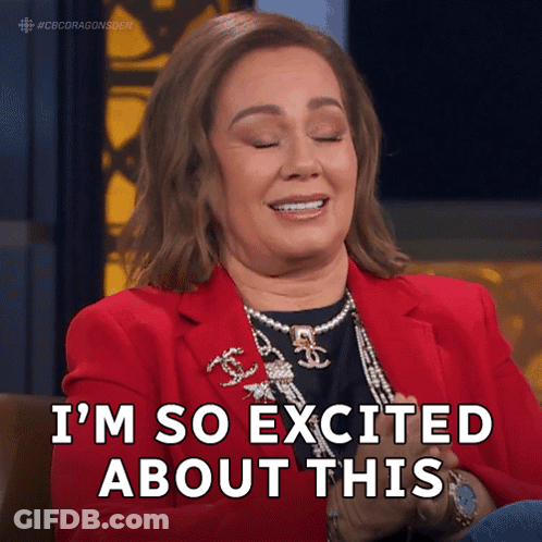 A Woman In A Red Jacket And Pearls Is Saying I 'M So Excited About This GIF