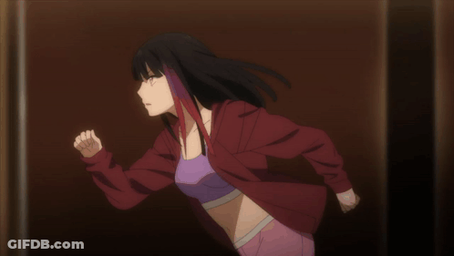 A Woman In A Red Jacket And Purple Top Is Running GIF