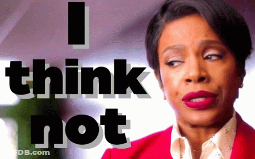 A Woman In A Red Jacket Has The Words I Think Not Behind Her GIF