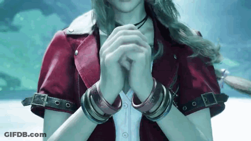 A Woman In A Red Jacket Is Holding Her Hands Together In A Video Game . GIF