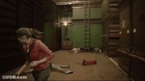 A Woman In A Red Jacket Is Running Through A Room With A Green Wall GIF