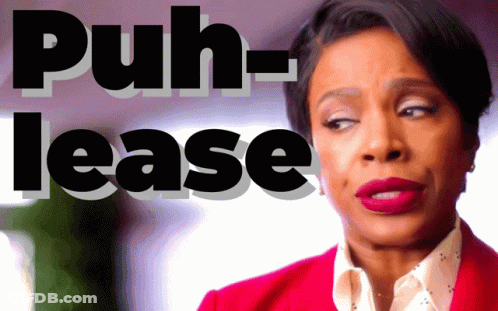A Woman In A Red Jacket Is Standing In Front Of A Sign That Says " Puh-Lease " GIF