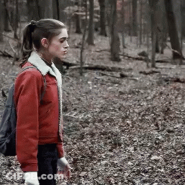 A Woman In A Red Jacket Is Standing In The Woods . GIF