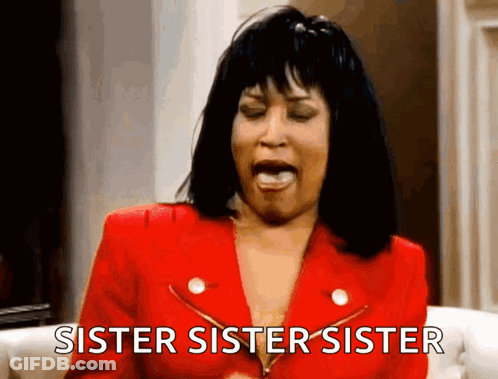 A Woman In A Red Jacket Is Sticking Her Tongue Out And Says Sister Sister Sister . GIF