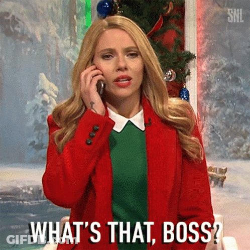 A Woman In A Red Jacket Is Talking On A Cell Phone And Asking What 'S That Boss . GIF