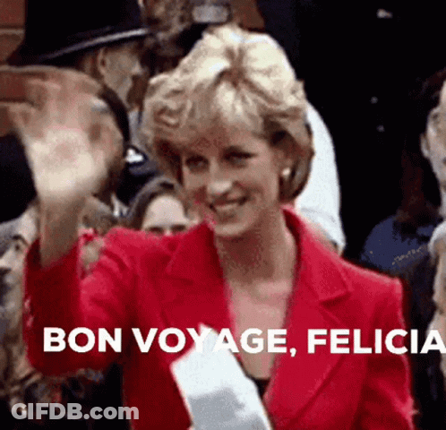 A Woman In A Red Jacket Is Waving In Front Of A Crowd And The Caption Says Bon Voyage Felicia . GIF