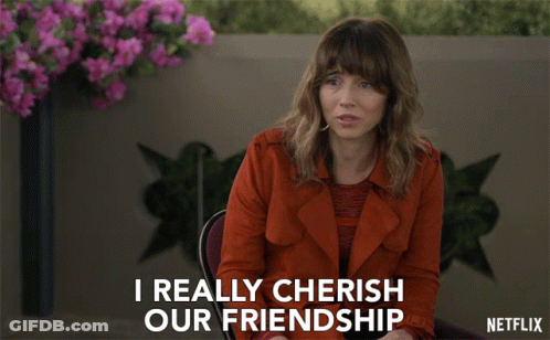 A Woman In A Red Jacket Says " I Really Cherish Our Friendship " In A Netflix Ad GIF