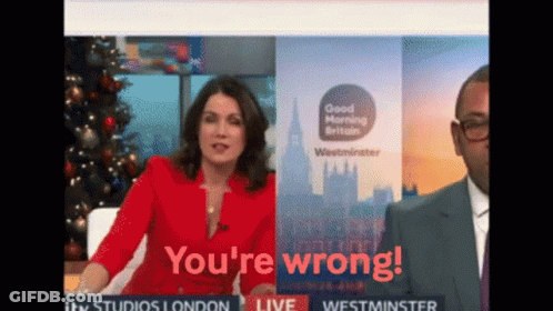 A Woman In A Red Jacket Says " You 'Re Wrong " While A Man In A Suit Looks On GIF
